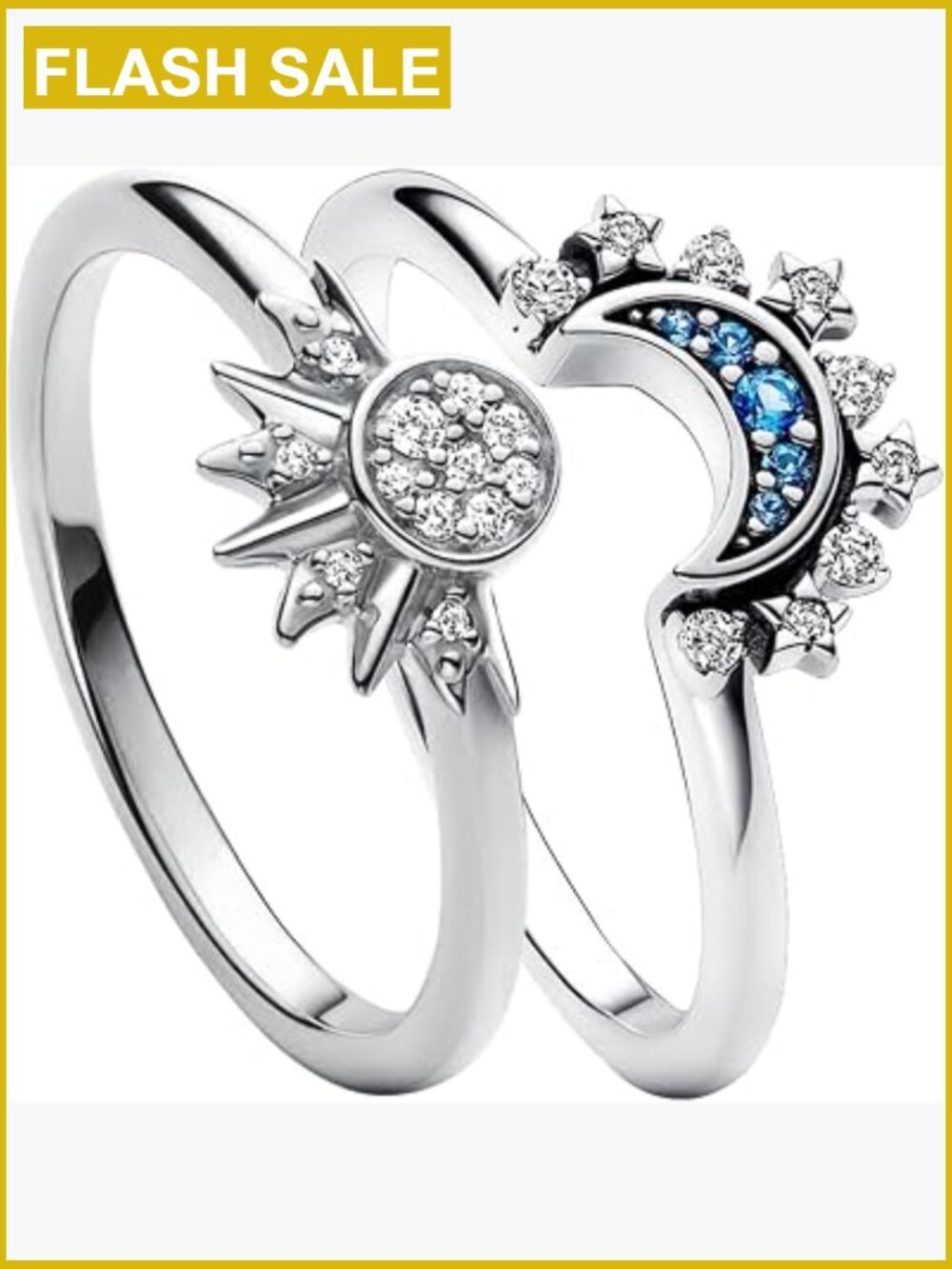 Celestial Sun Moon Ring Set Stackable Promise Rings Gold Silver Cubic Zirconia